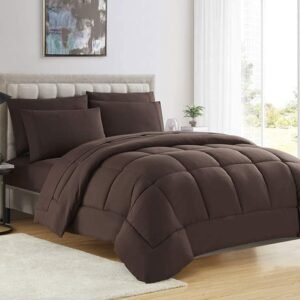 5PCS Box Stitched Comforter Set - Brown /Oversized King Ultra-Soft Goose Down Alternative Comforter with 4 Pillow Shams 100% Cotton 500  Series Best Quilted Collection for All Seasons