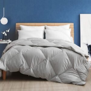 Organic Lightweight Feathers Down Comforter Queen Size | Thin All-Season Duvet Insert for Warm s/Hot Sleepers | 100% Cotton Geometric Quilted Summer Blanket (90x90, Cloud Grey)