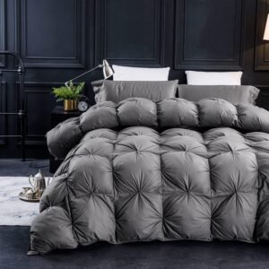 Pinch Pleat Feathers Down Comforter Queen Size Duvet Insert, 750+ Fill Power, 1200TC 100% Cotton Fabric, All Seasons Premium Grey Down Comforter with 8 Tabs.