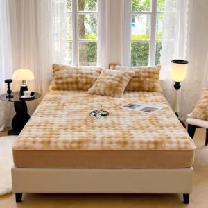 Plush Long-Pile Fitted Sheet, Full Size - Velvet fitted sheet, faux fur base fabric, 15-inch deep pocket, flannel warm tie-dye mattress cover, pillowcase not included, gold