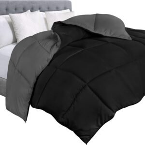 Bedding Comforter Duvet Insert - Quilted Comforter with Corner Tabs - Box Stitched Down Alternative Comforter (Black/Grey, Twin)