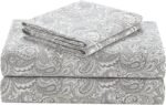 100% Percale 4 Piece Set Ultra Soft Breathable Deep Pocket Printed Paisley Pattern Sheets With Pillow Cases Bedding, Queen, Grey