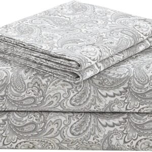 100% Percale 4 Piece Set Ultra Soft Breathable Deep Pocket Printed Paisley Pattern Sheets With Pillow Cases Bedding, Queen, Grey