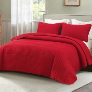 Ultra Soft Queen Quilt Bedding Set, Lightweight Microfiber Red Quilts Bedspreads Full Size, 3 Piece Ultrasonic Geometric Coverlet Bed Cover for All Seasons