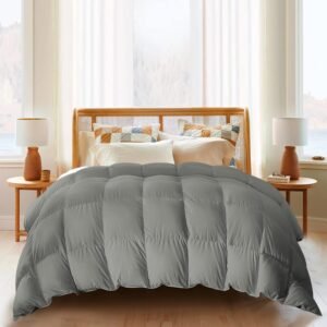 Lightweight Goose Feather Comforter Oversized Queen Size, Summer Duvet Insert for Hot Sleepers/Warm , Hotel Collection Comforter with 100% Cotton Cover (98x98 Inch, Grey)
