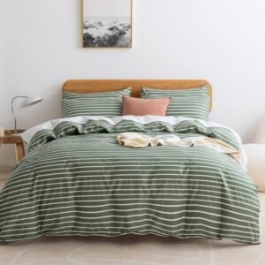 Queen Duvet Cover Set, Cotton Duvet Cover 3 Pieces with Zipper Closure, 1 Duvet Cover and 2 Pillowcases(Green with White Striped)