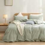 Duvet Cover Set 100% Washed Cotton Linen Feel Super Soft Comfortable Chic Lightweight 3 PCs Home Bedding Set Sage Green Queen