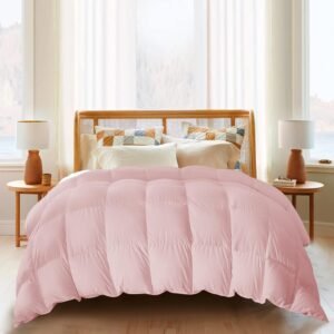 Lightweight Goose Feather Comforter Full/Queen Size, Summer Duvet Insert for Hot Sleepers/Warm , Hotel Collection Comforter with 100% Cotton Cover (90x90 Inch, Pink)