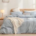 Duvet Cover Set 100% Washed Cotton Linen Feel Super Soft Comfortable Chic Lightweight 3 PCs Home Bedding Set Cornflower Blue Queen