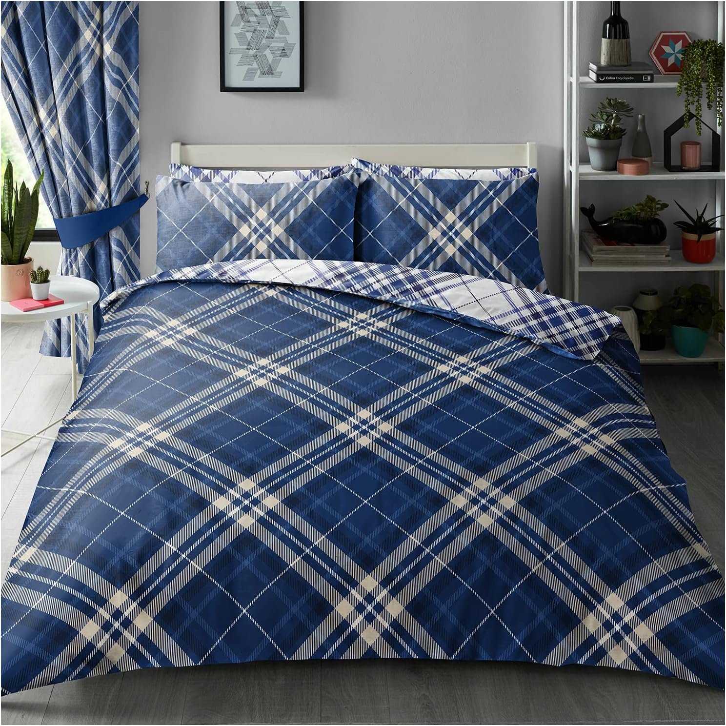 Super Soft Tartan Duvet Cover with Fitted Sheet Set Reversible 4 Piece Bedding Set King Full Bedding Set Blue