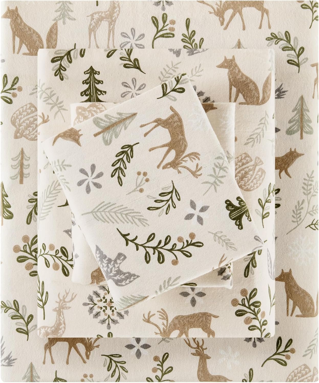 100% Flannel Sheets Full Size, Cozy Flannel Sheet Set Brushed for Extra Softness, Heavyweight Novelty Print Warm Flannel Bedding Set, Tan Woodland Winter 4 Piece