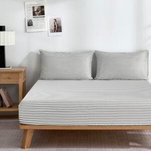 Grey striped fitted sheet (cotton), full size fitted sheet, extra deep 16 inch, ultra-soft breathable deep pocket printed grey and white striped pattern, single pack