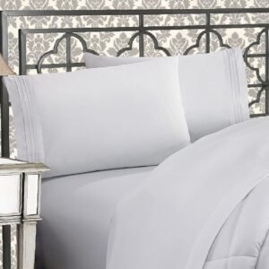 Luxurious 1500 Premium Hotel Quality Microfiber Three Line Embroidered Softest 4-Piece Bed Sheet Set, Wrinkle and Fade Resistant, Queen, White