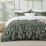 Duvet Cover Queen Size - Reversible Dark Green Queen Duvet Cover Set with Zipper Closure, 3 Pieces Floral Patterned Bedding Set with 8 Corner Ties and 2 Pillow Shams